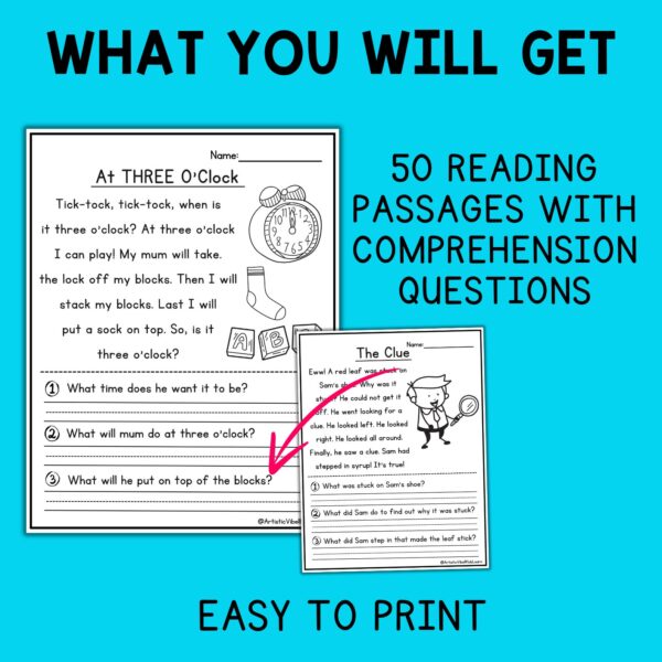 50 Kindergarten 1st grade Reading Comprehension Passages worksheets Set 1 - Image 5