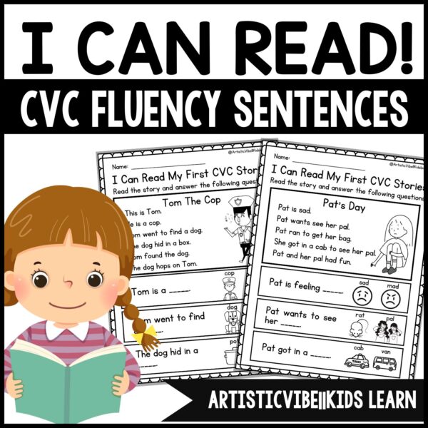 CVC Stories Reading passages CVC Sentences, Sight Words Comprehension Fluency