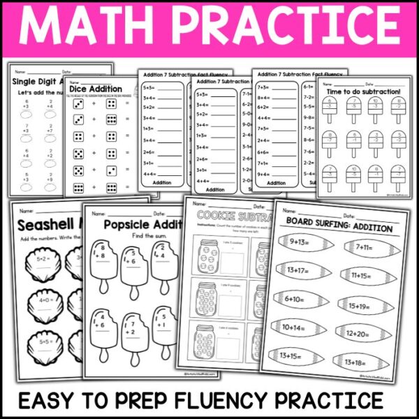 57 math and literacy kindergarten Worksheets No Prep addition & subtraction worksheets. Summer Learning Math Worksheets pack in PDF files