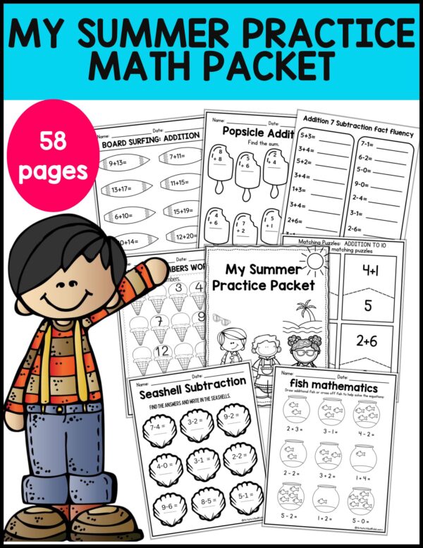 57 math and literacy kindergarten Worksheets No Prep addition & subtraction worksheets. Summer Learning Math Worksheets pack in PDF files - Image 4