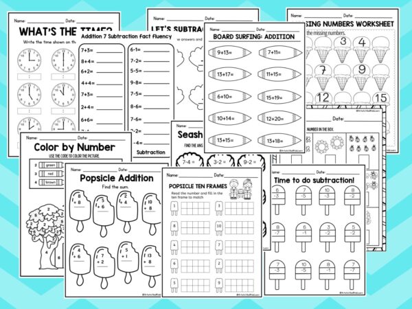 57 math and literacy kindergarten Worksheets No Prep addition & subtraction worksheets. Summer Learning Math Worksheets pack in PDF files - Image 2